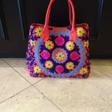 Brightly coloured tote bag with crewel work - narrow