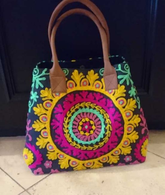 Tote bag in black with brightly coloured crewel work - narrow