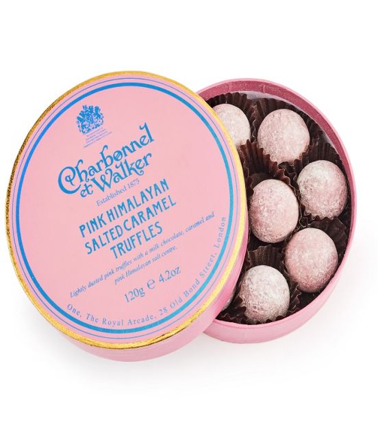 An open box of Pink Himalayan Salted Caremel Truffles by Charbonnel &  Walker