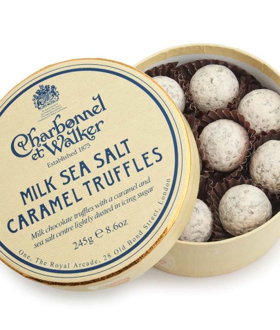 An open box of Milk Sea Salt and Caramel Truffles by Charbonnel &  Walker